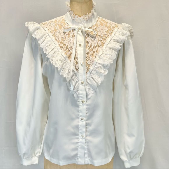 VINTAGE lace ruffle fancy blouse button down Victorian high neck ribbon bow 80s - Picture 9 of 14